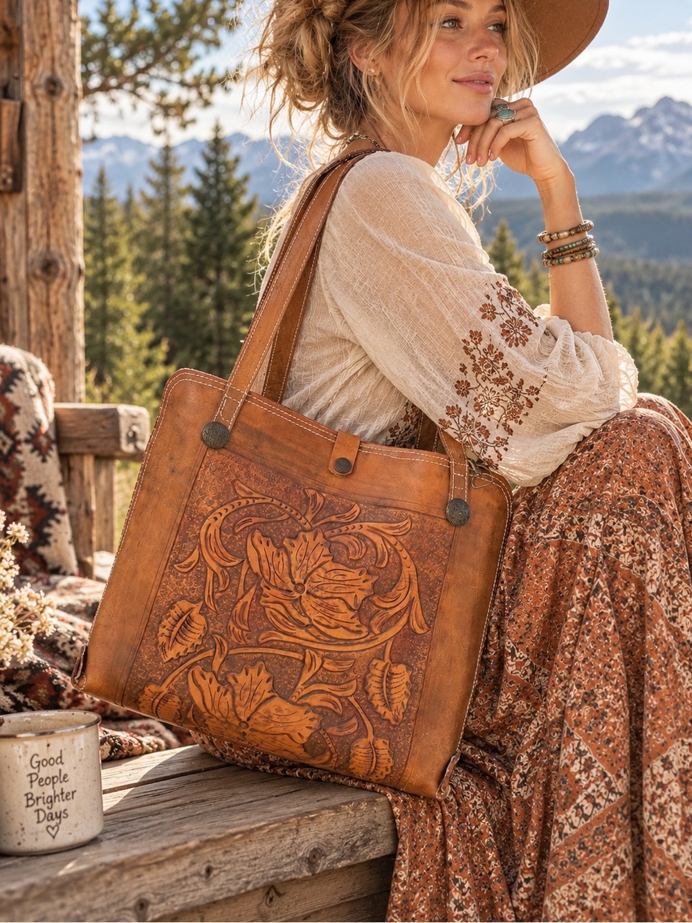 Tooled Leather Floral Tote Bag | Vintage Western Boho Shoulder Bag/ Double Sided